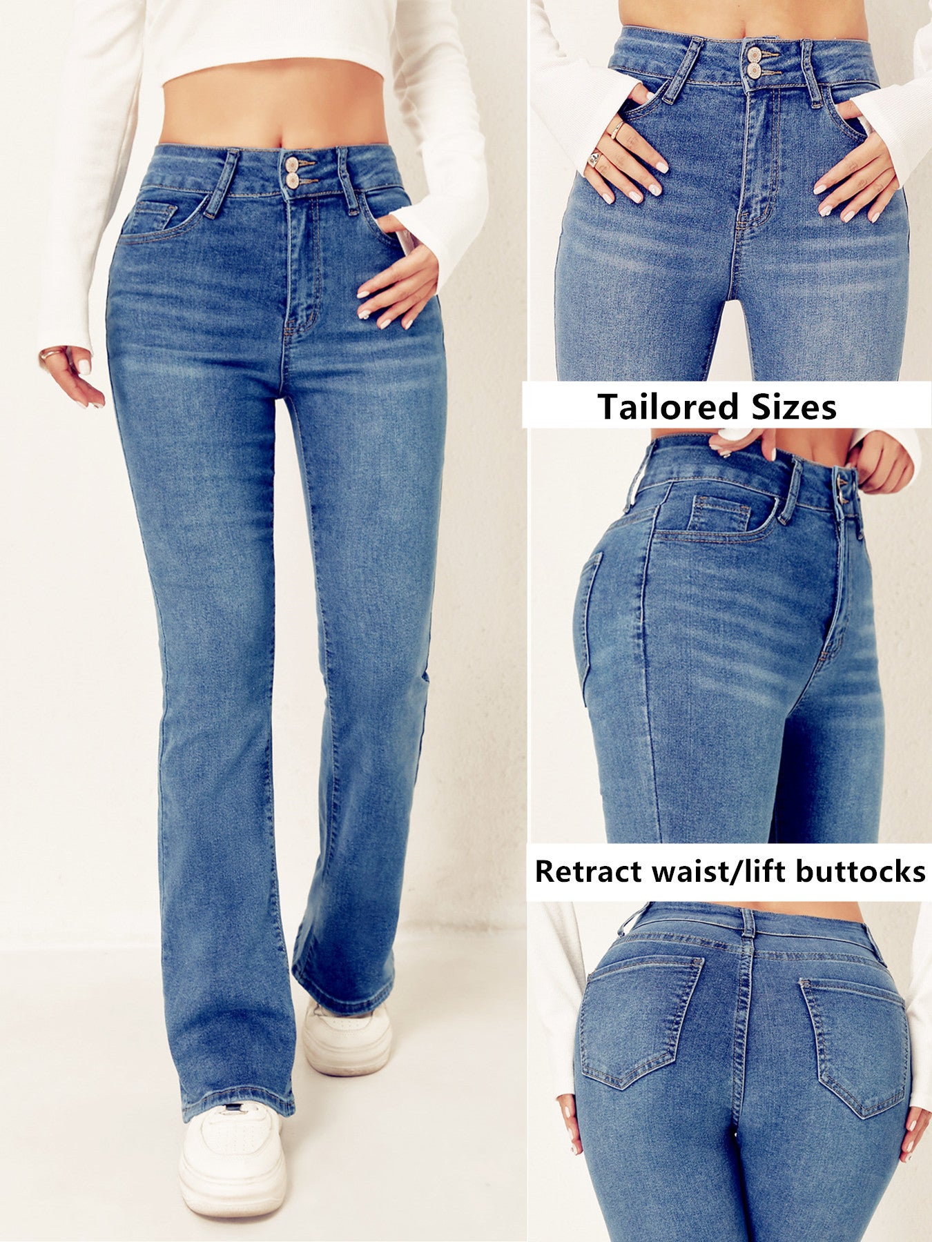European and American cross-border trend women's clothing high-waisted double-button stretch slim slimming bootcut denim trousers WOMEN JEANS