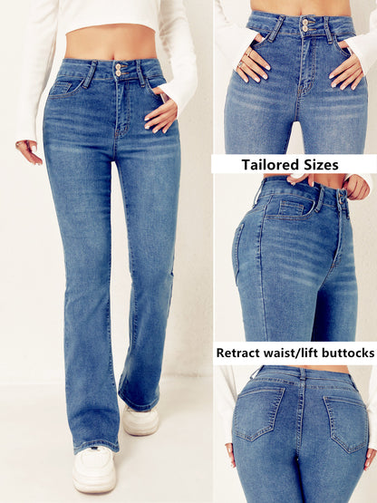 European and American cross-border trend women's clothing high-waisted double-button stretch slim slimming bootcut denim trousers WOMEN JEANS