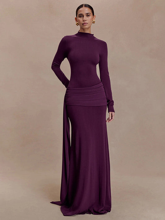 Foreign trade autumn and winter new European and beautiful women's clothing celebrity style solid color high collar long sleeve streamer pleated buttocks temperament dress skirt