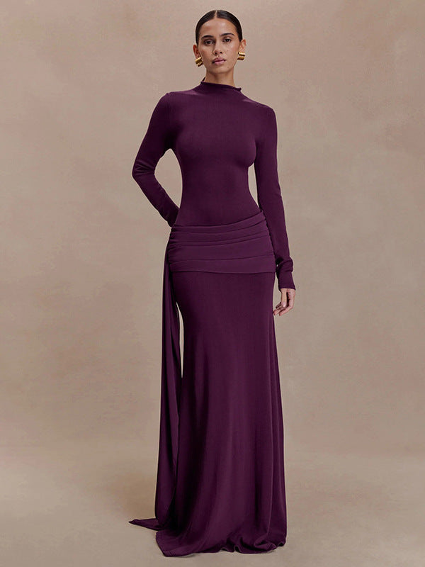 Foreign trade autumn and winter new European and beautiful women's clothing celebrity style solid color high collar long sleeve streamer pleated buttocks temperament dress skirt | Ciaura