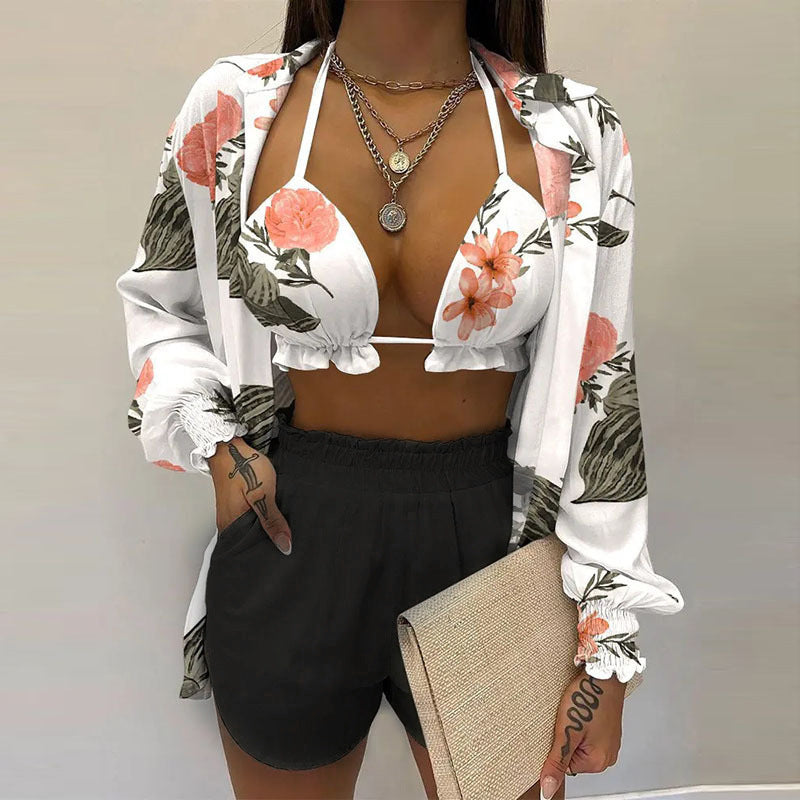 2026 Amazon AliExpress independent station new sexy European and beautiful solid color shorts fashion three-piece set
