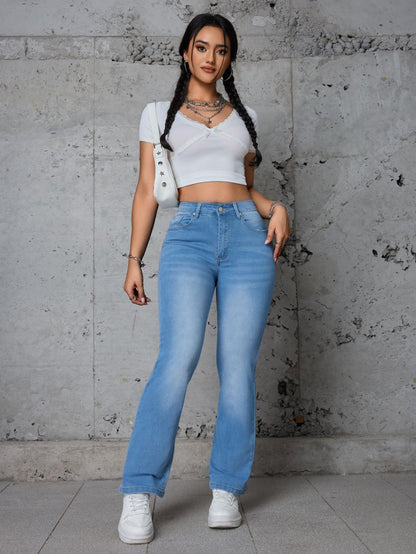 European and American foreign trade cross-border women's jeans blue washed classic stretch small straight denim trousers JEANS