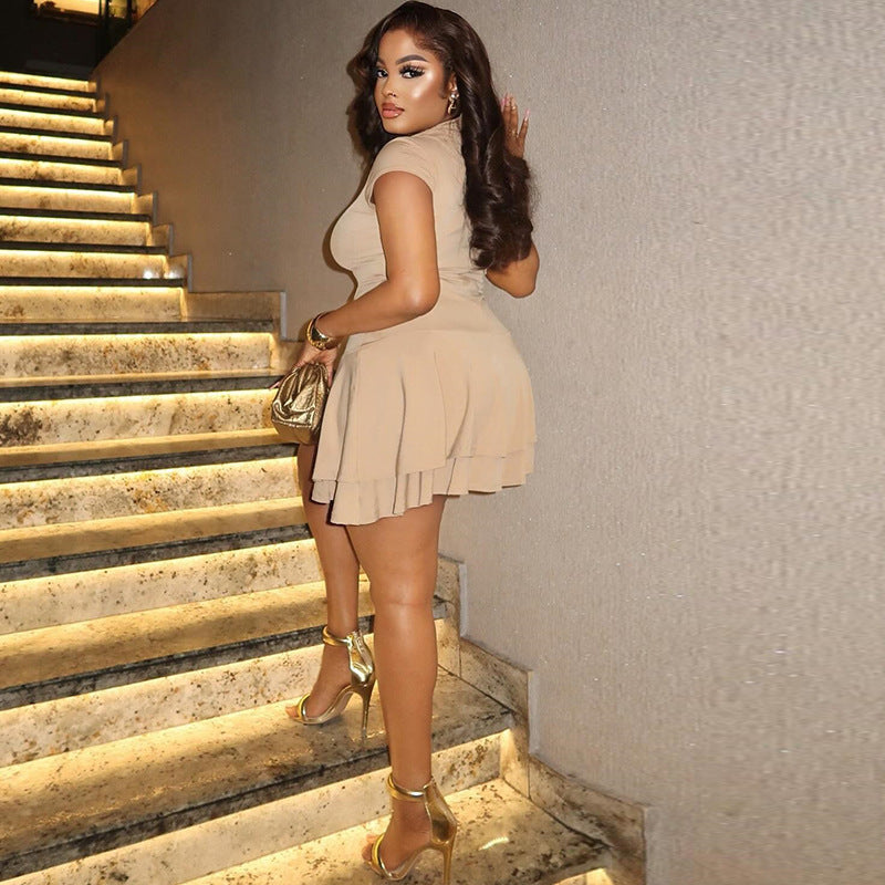 Cross-border Amazon European and American women's clothing 2025 spring/summer new solid color stand-up collar layered waist short temperament dress