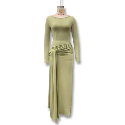 Cross-border European and American women's autumn and winter new solid color crew neck long sleeve sexy waist twisted strap hip wrap dress for women