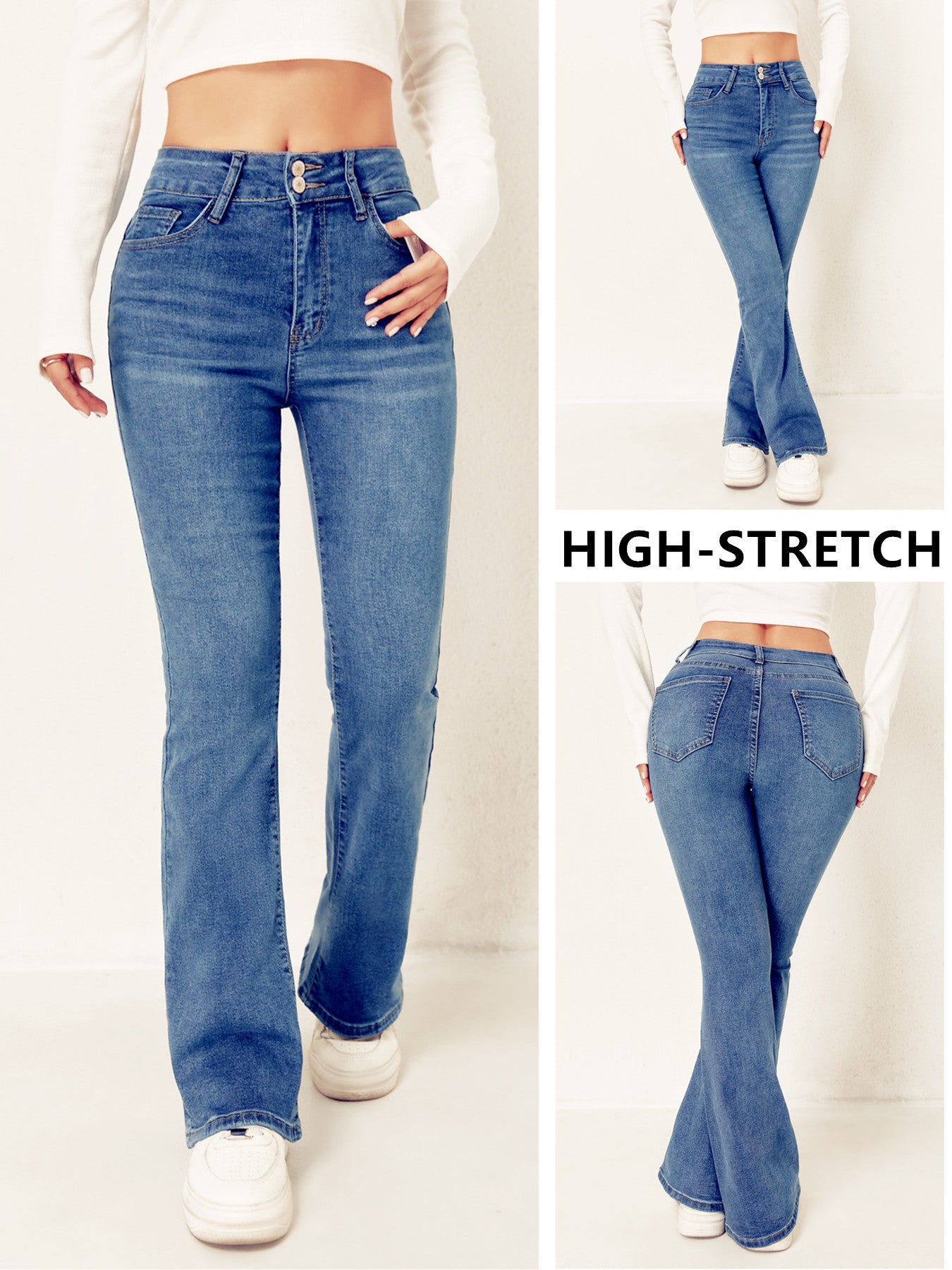 European and American cross-border trend women's clothing high-waisted double-button stretch slim slimming bootcut denim trousers WOMEN JEANS