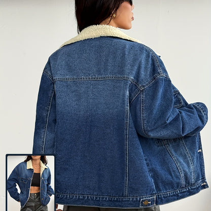 New Women's Elegant Casual Versatile Loose Slim Long Sleeve Retro Short Denim Warm Cotton Jacket Blue Black