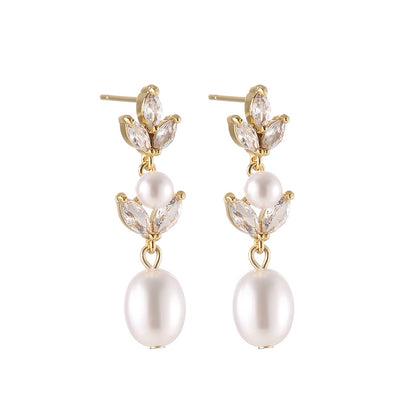 2025 Korean Style High-End Zircon Pearl Earrings for Women, Fashionable Versatile Bridal Banquet Dress Earrings