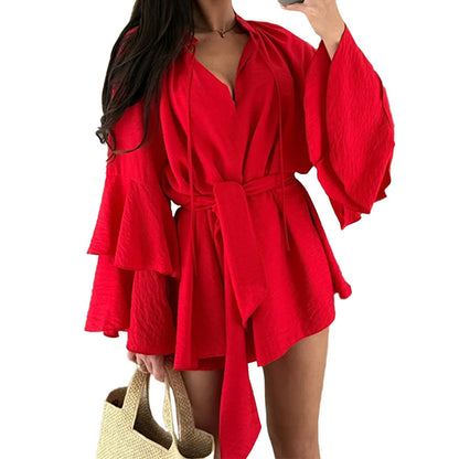 Vestido curto de manga comprida para mulher com decote em V, atilhos irregulares e cor sólida, da coleção Primavera 2025 da Amazon.