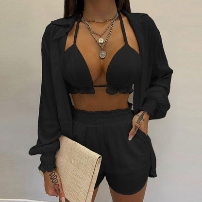 2026 Amazon AliExpress independent station new sexy European and beautiful solid color shorts fashion three-piece set