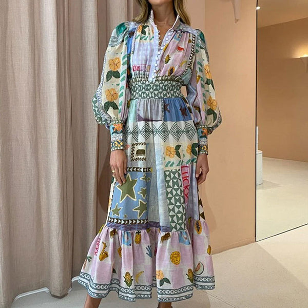 2026 AliExpress European and American New Women's Temperament Commuter Print Painted Long Sleeve Fashion Large Swing European and American Dress