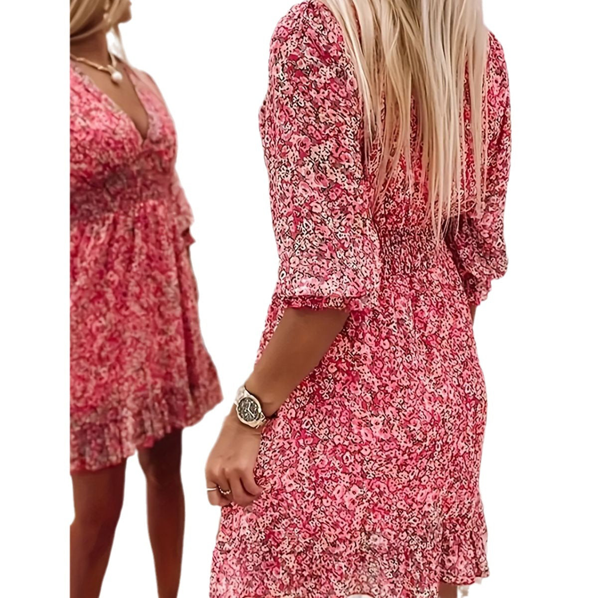 Amazon foreign trade European beauty clothing wish AliExpress ebay floral skirt dress short sleeve bohemian high waist