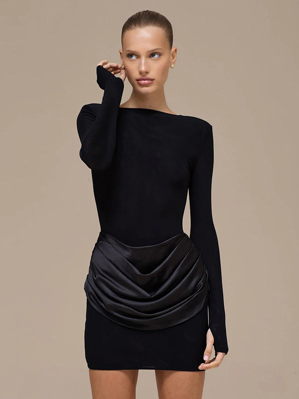Foreign trade autumn and winter new European and beautiful clothing temperament solid color round neck long sleeve short pleated slim hip dress for women