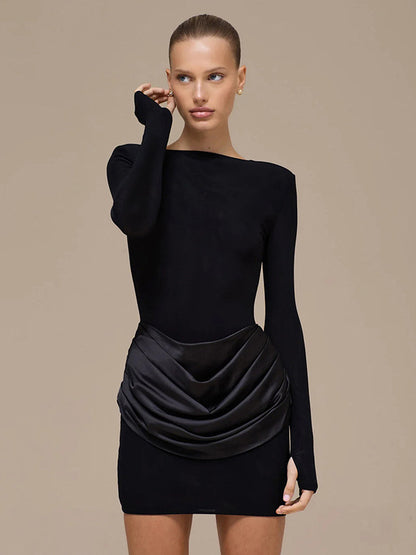 Foreign trade autumn and winter new European and beautiful clothing temperament solid color round neck long sleeve short pleated slim hip dress for women