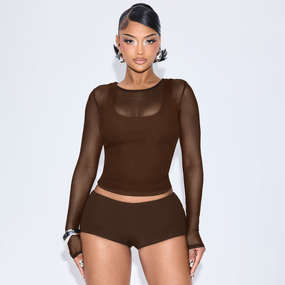 Cross-border new women's clothing sexy see-through mesh top slim vest small vest tight calf cover ultra shorts four-piece set