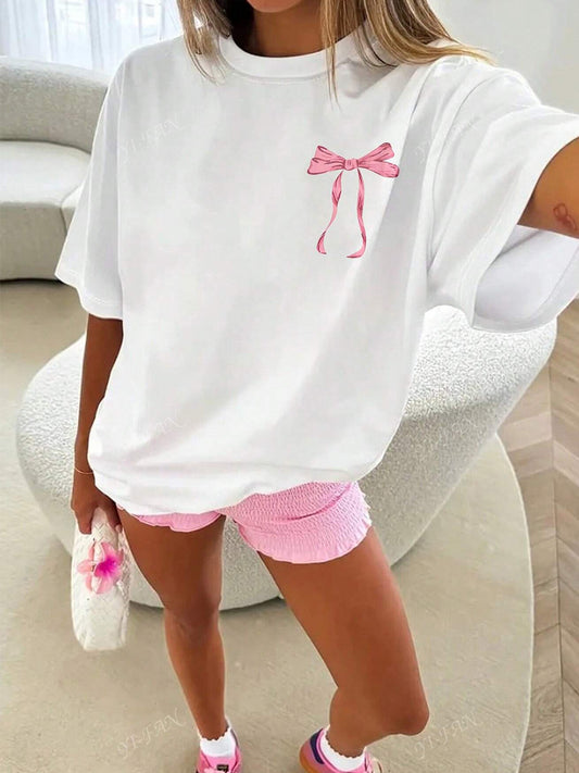 Cross-border European and American clothing bow loose T-shirt 2025 summer crew neck polyester short sleeve foreign trade ins top pullover