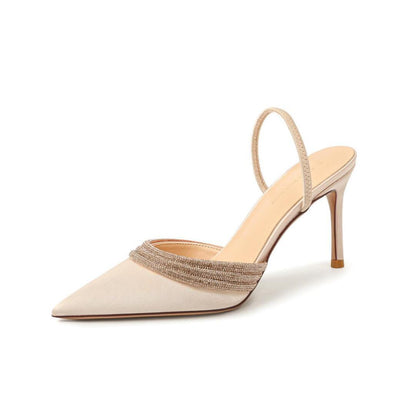 Spring 2026 rhinestone-embellished silk satin pointed heels heeled heels women's shoes wrapped toe shallow half slippers European and American style