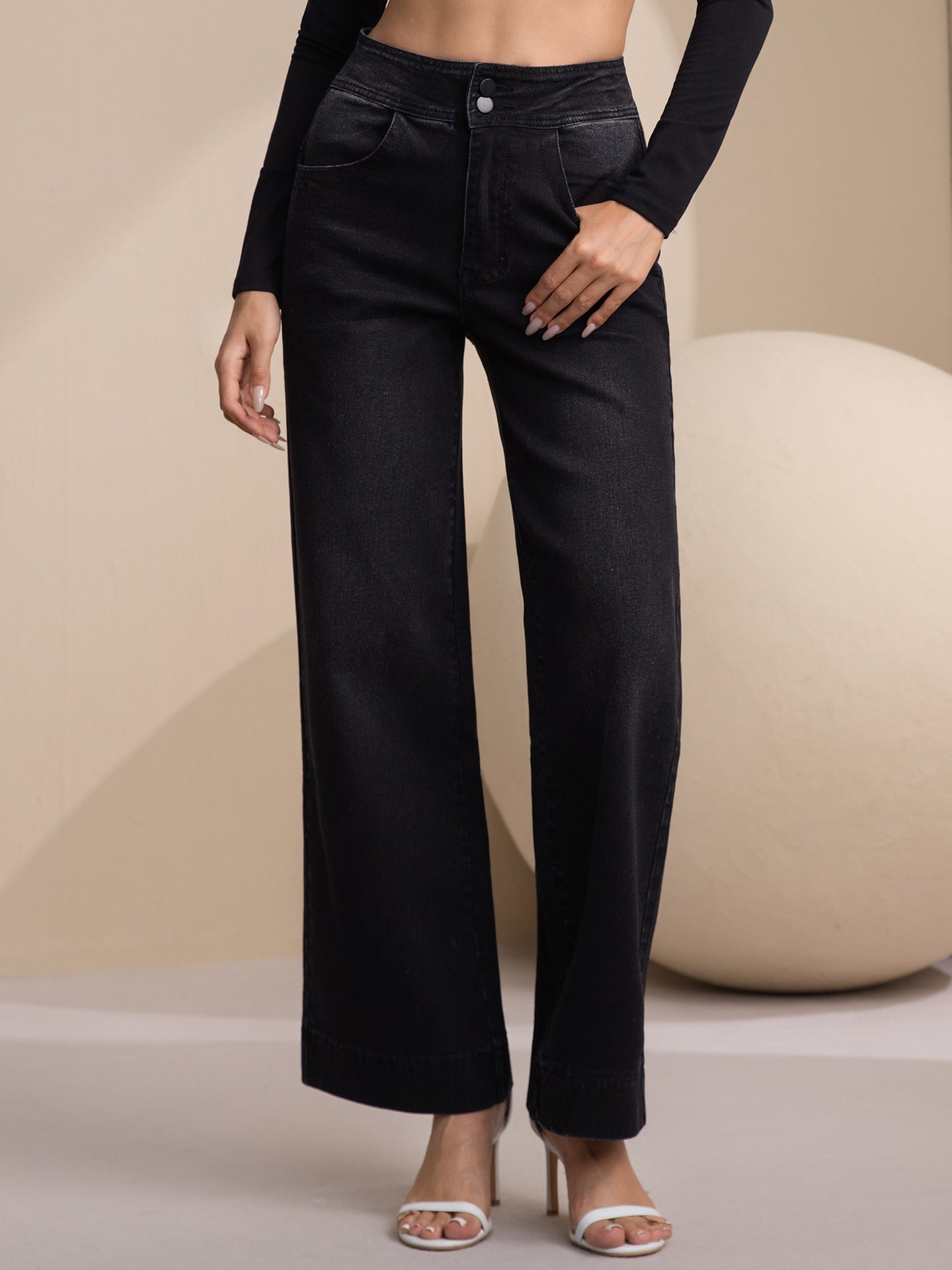European and American cross-border export women's jeans with double buckle high waist, solid color, simple and fashionable slim straight-leg denim pants for women