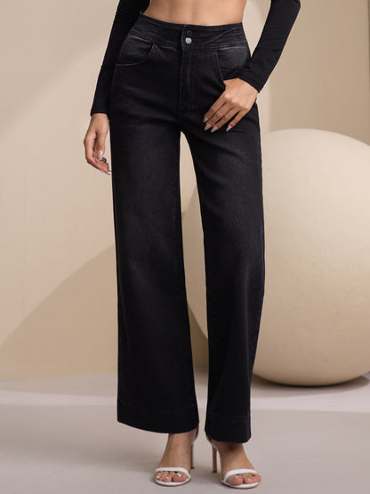 European and American cross-border export women's jeans with double buckle high waist, solid color, simple and fashionable slim straight-leg denim pants for women