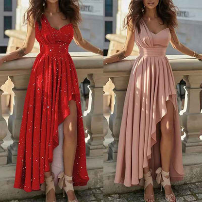 European and American Clothing 2026 New Temperament Slanted Shoulder High Waist Sleeveless Long Loose Irregular Evening Dress European and American Dress
