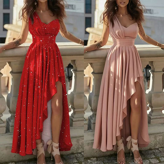 European and American Clothing 2026 New Temperament Slanted Shoulder High Waist Sleeveless Long Loose Irregular Evening Dress European and American Dress