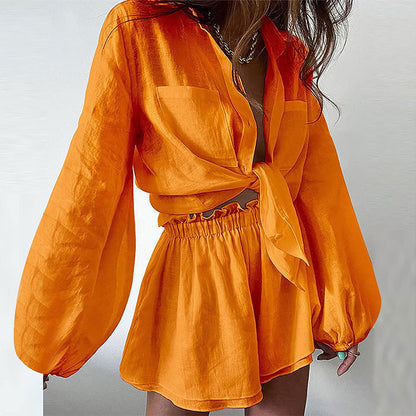 2026 Amazon European and American Cross-border Women's Casual Solid Color Ruffled Shorts Shirt Fashion Set Women's Two-Piece Set