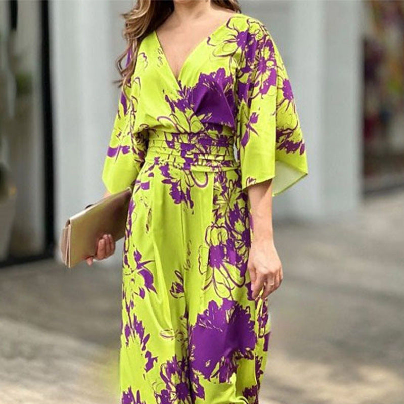 2026 New European Women's Clothing ins Fashion Elegant Printed Bat Sleeve Waist V-Neck Women's Jumpsuit Women 661