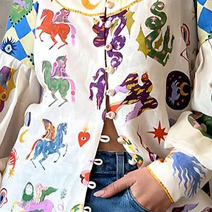 2026 spring new cross-border European and American fashion printed lapels single-breasted lantern sleeve shirt top women