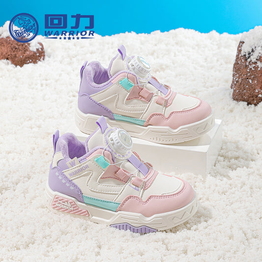 Pull-back fleece warm cotton shoes winter new boys' and girls' trendy color block board shoes leather surface casual button shoes