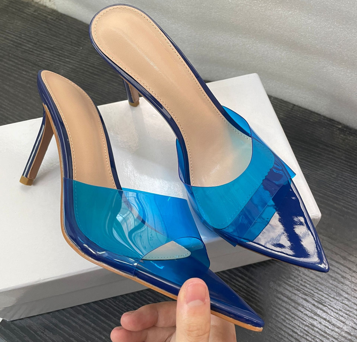 WO Huizhou New European and American Shoes Simple Nude Transparent One-Line High Heels Thin Heels Pointed Toes Are Not Tiring Feet and Versatile