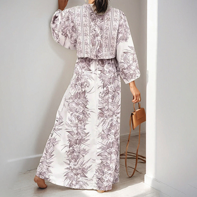 AliExpress 2025 spring cross-border new European and American clothing temperament sexy V-neck print strap-on big swing dress