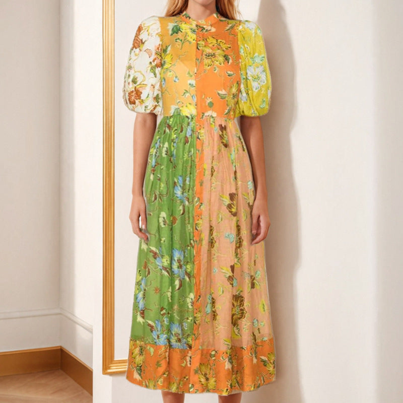 AliExpress independent station 2025 summer new cross-border European and American elegant commuter print contrast splicing dress women