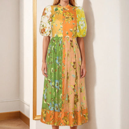 AliExpress independent station 2025 summer new cross-border European and American elegant commuter print contrast splicing dress women