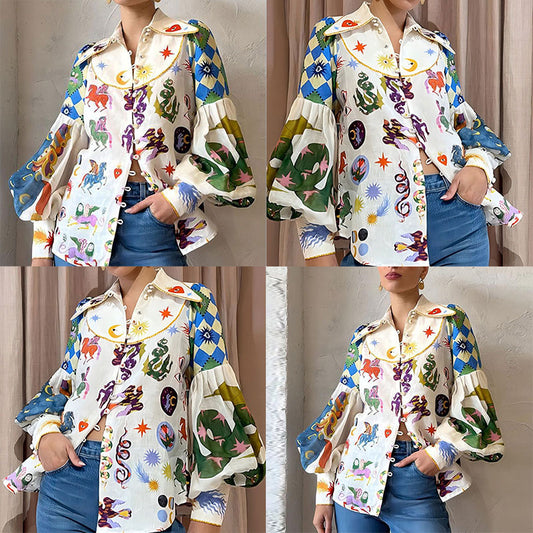 2026 European and American clothing Amazon new temperament commuter print lapel single-breasted lantern sleeve women's shirt women