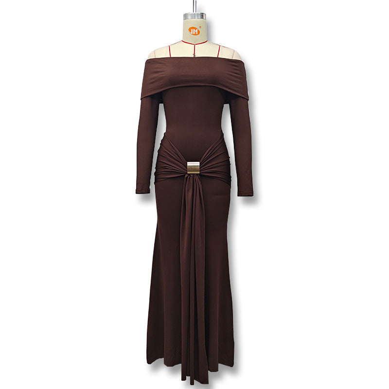 European and American autumn and winter new women's fashion solid color sexy one-shoulder metal decoration waist strap hip wrap dress
