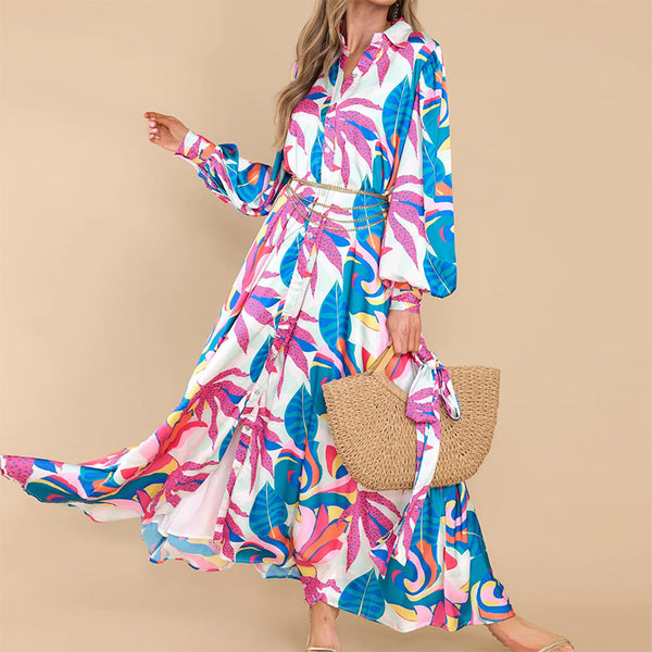2025 Amazon Spring New Cross-border European and American Clothing Elegant Print Casual Slimming Lapel Dress