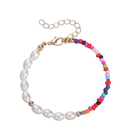 European and American cross-border jewelry Women's half-sided colored rice bead pearl bracelet Amazon popular personality matching hand jewelry