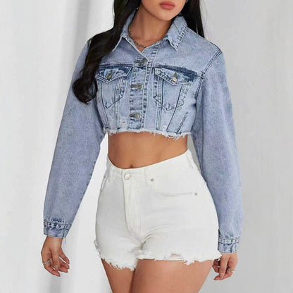 Cross-border, denim elastic cropped top, classic style light blue denim denim cotton pants pattern regular