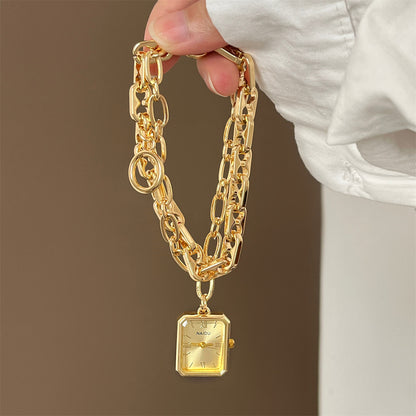 NAIDU square hanging charm INS style fashionable light luxury vintage skeleton chain watch women's gold wristwatch live stream bestseller