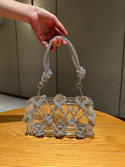 Saco de caixa de acrílico transparente brilhante e inflexível transfronteiriço Jantar tecido à mão saco das axilas de moda de alta qualidade