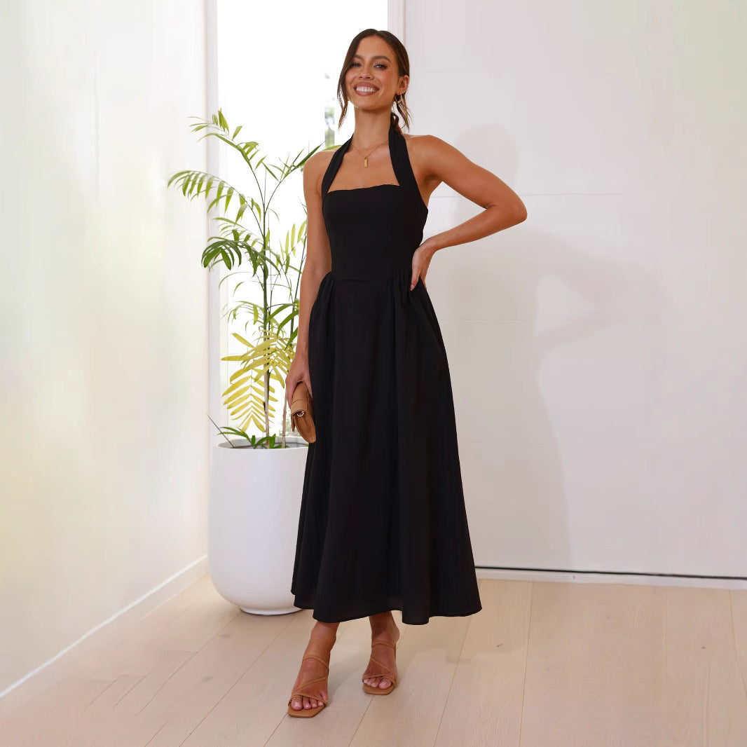 Cross-border Europe and the United States 2025 summer new women's temperament solid color square neck sleeveless waist halterneck backless dress for women