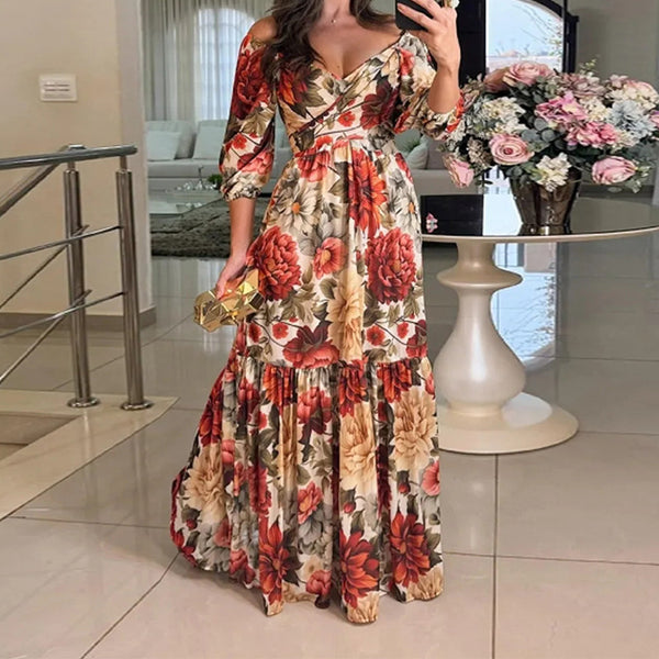 Amazon 2026 New European Beauty Foreign Trade Elegant Fashion Temperament Printed Lace-up V-Neck Large Swing Dress Women
