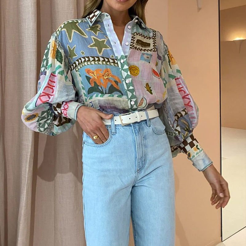 Camisa casual de manga comprida com estampado, elegante e moderna, com lapela, nova coleção primavera 2026, inspirada na moda europeia e nos estilos transfronteiriços.