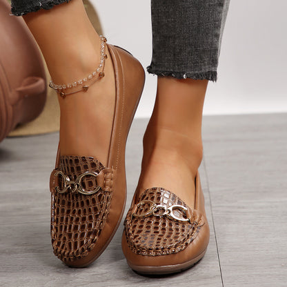 OEM cross-border women's shoes, export brown crocodile pattern women's loafers, women's flat casual shoes, everyday women's shoes