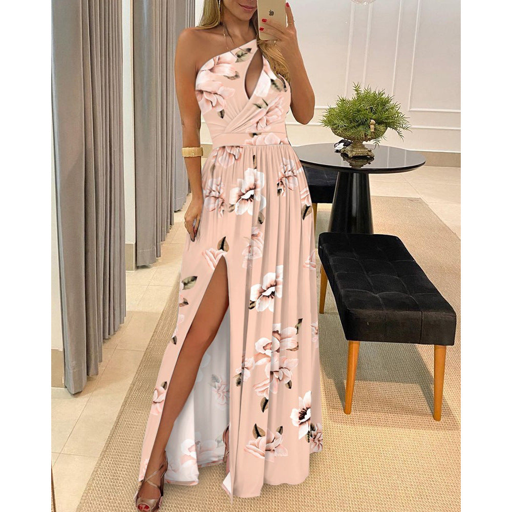 2026 spring new European and American clothing foreign trade slanted shoulder temperament dress sleeveless sexy high-waisted slit dress
