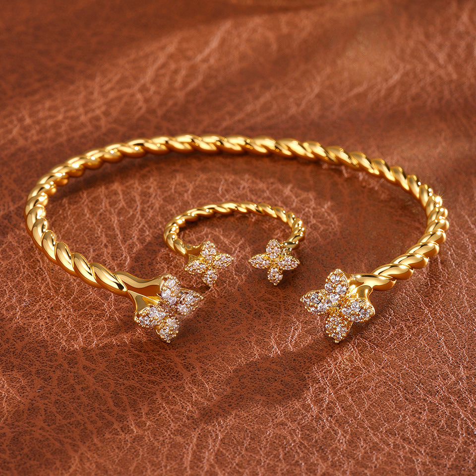 Open copper inlaid zirconia four-leaf clover diamond fashionable commuting simple versatile elegant bracelet ring set for women