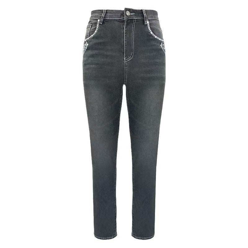 Cross-border, stretch smoky gray denim women's embroidered rhinestone style small straight-leg pants, embroidered with rhinestones