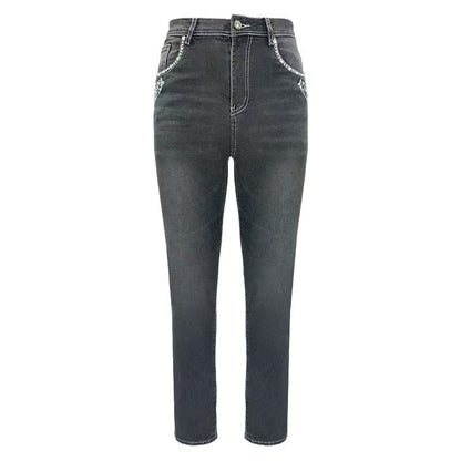 Cross-border, stretch smoky gray denim women's embroidered rhinestone style small straight-leg pants, embroidered with rhinestones