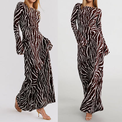 2025 Amazon European and American foreign trade women's summer new temperament elegant printed crew neck long sleeve casual dress