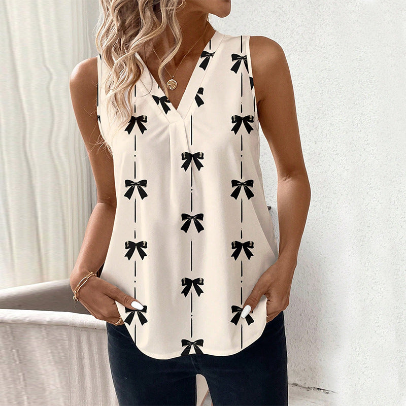 EuroChic 2025 Women’s Bow Tie V-Neck Sleeveless Summer Blouse Top