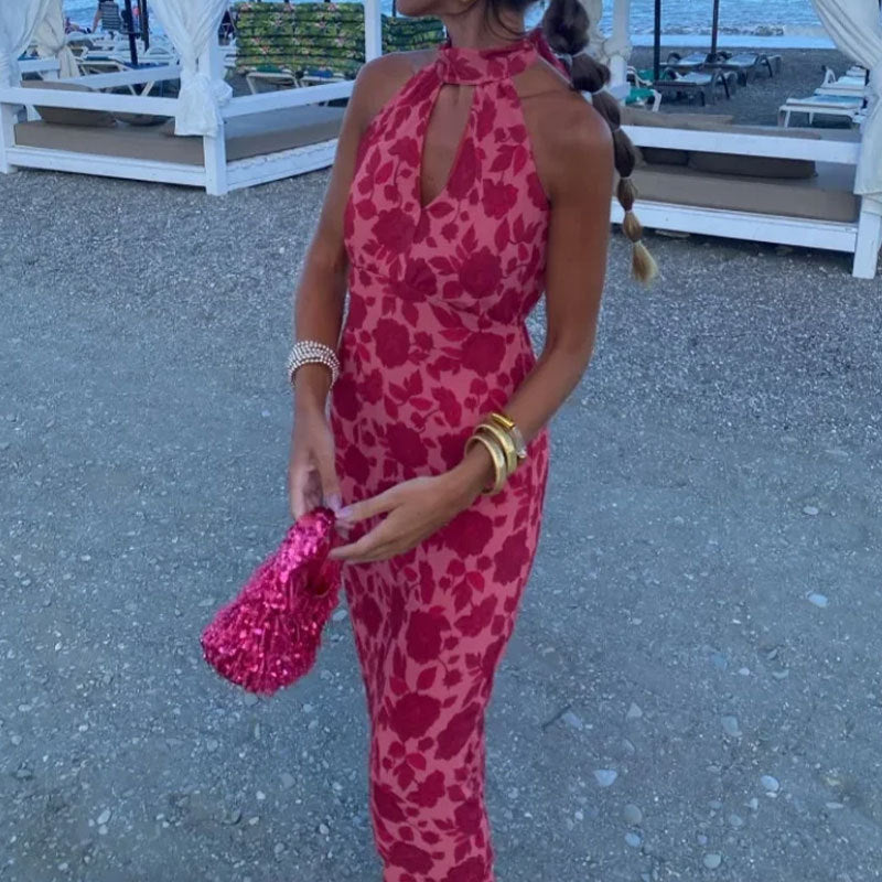 Spring 2026 New European and American Clothing Elegant Printed Halterneck Hollow Sleeveless Slim Dress 661